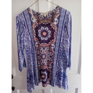 Blue Mood Asymmetrical Hem Tunic Colorful Professional Top Size Large Busy Print